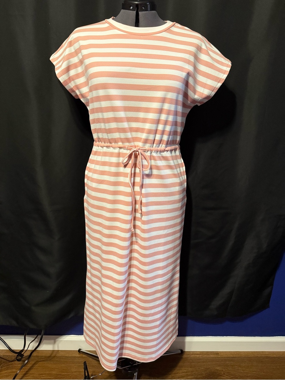 Striped Pink and White Drawstring Waist Maxi Dress - Casual Summer Style
